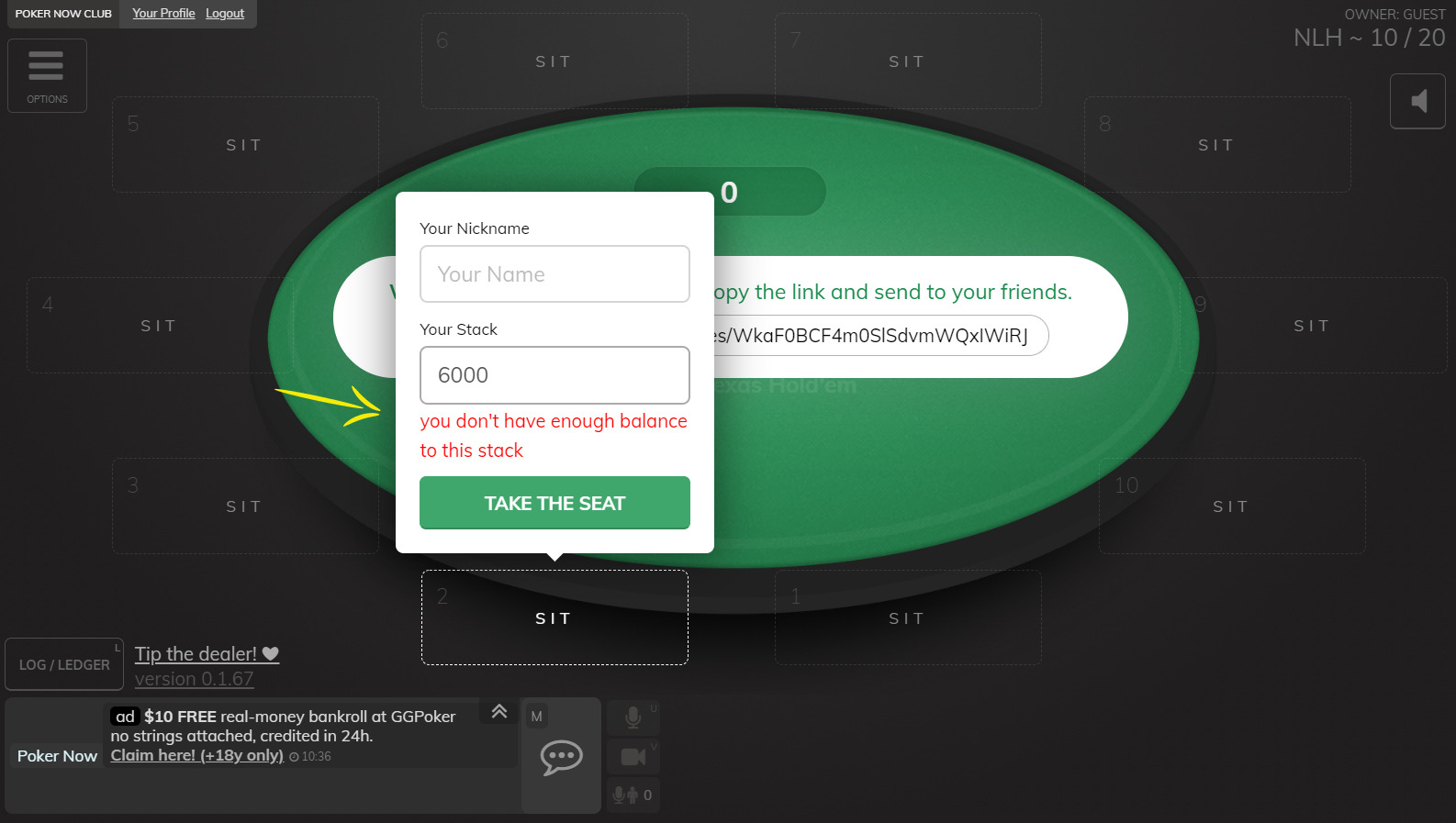 Not being allowed to play on Poker Now because missing chips on Discord Server