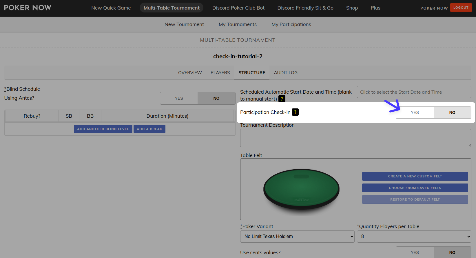 Poker Now multi-table tournament configs page giving focus on the participation check-in option