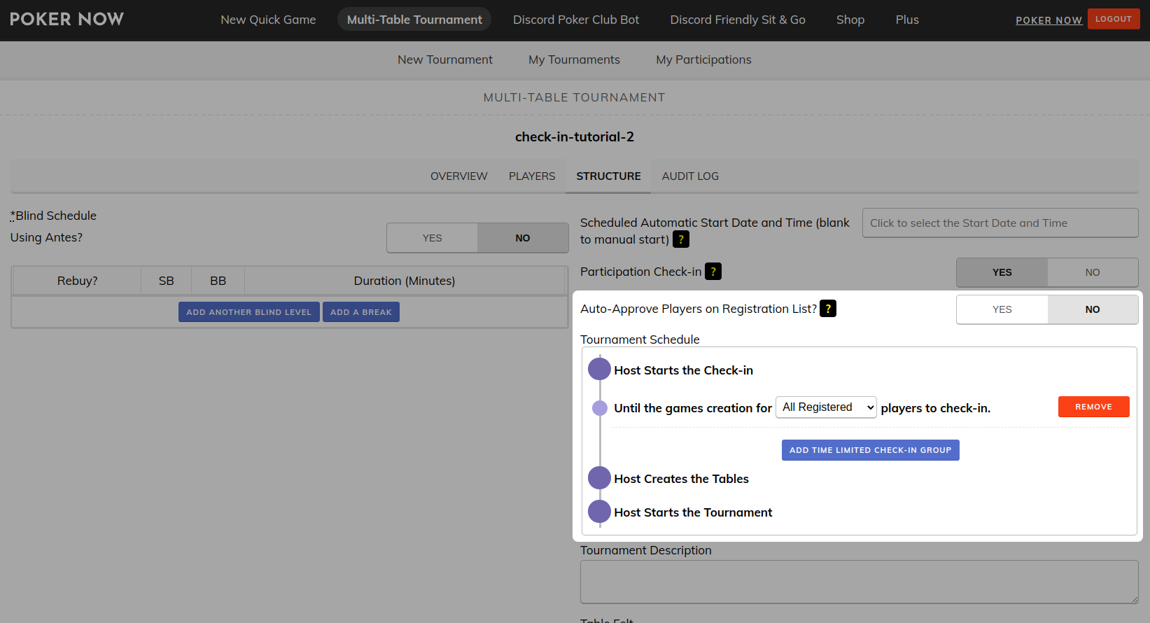 Poker Now multi-table tournament configs page giving focus on the new check-in fields
