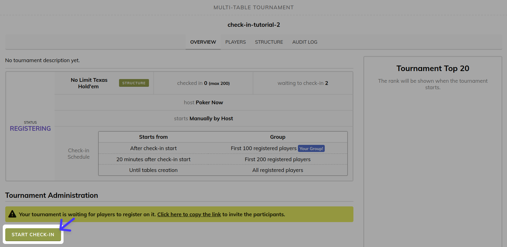 Poker Now multi-table open check-in option on the tournament dashboard