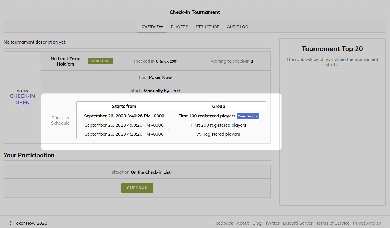 Poker Now multi-table tournament check-in schedule table