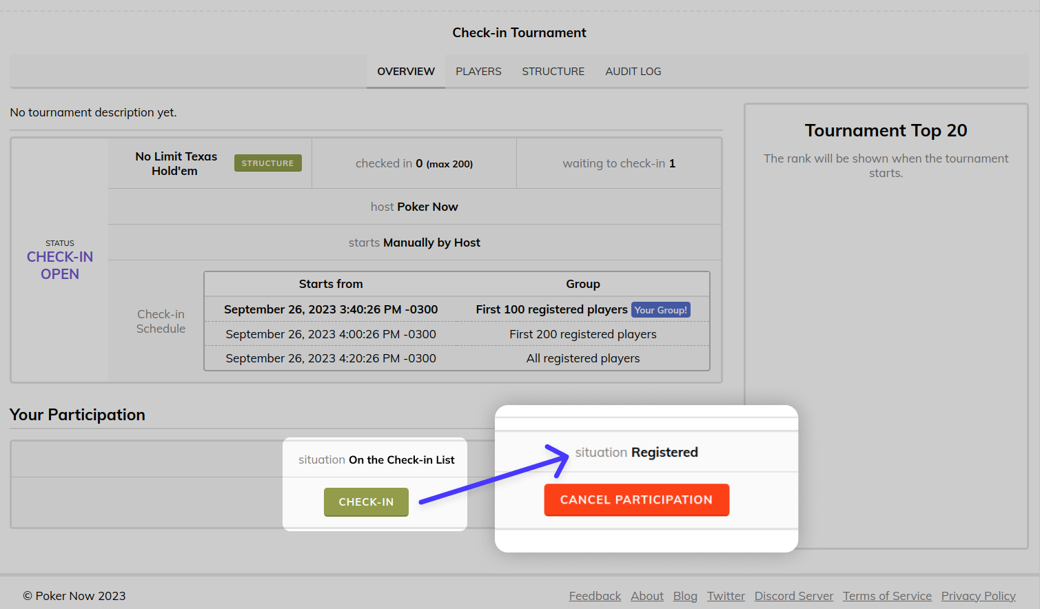Poker Now multi-table tournament performing the check-in