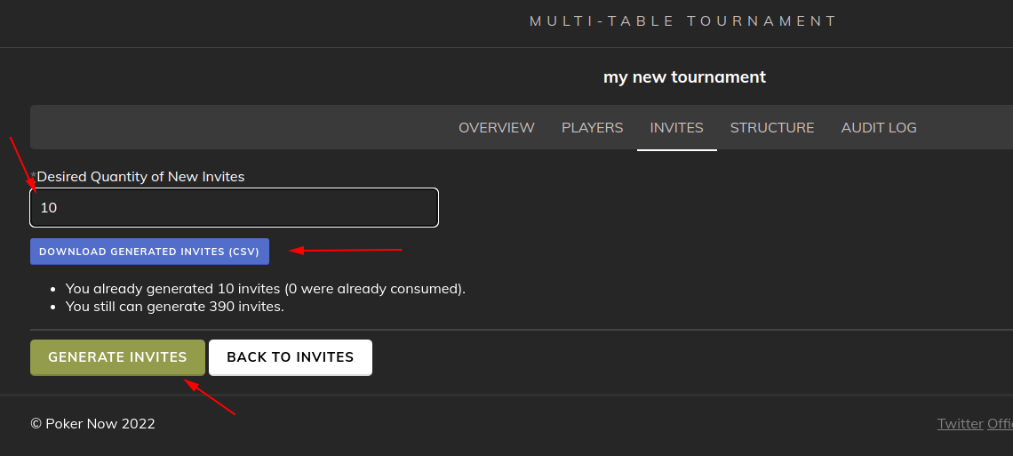 Poker Now Multi-Table Tournament Generating Invite Codes