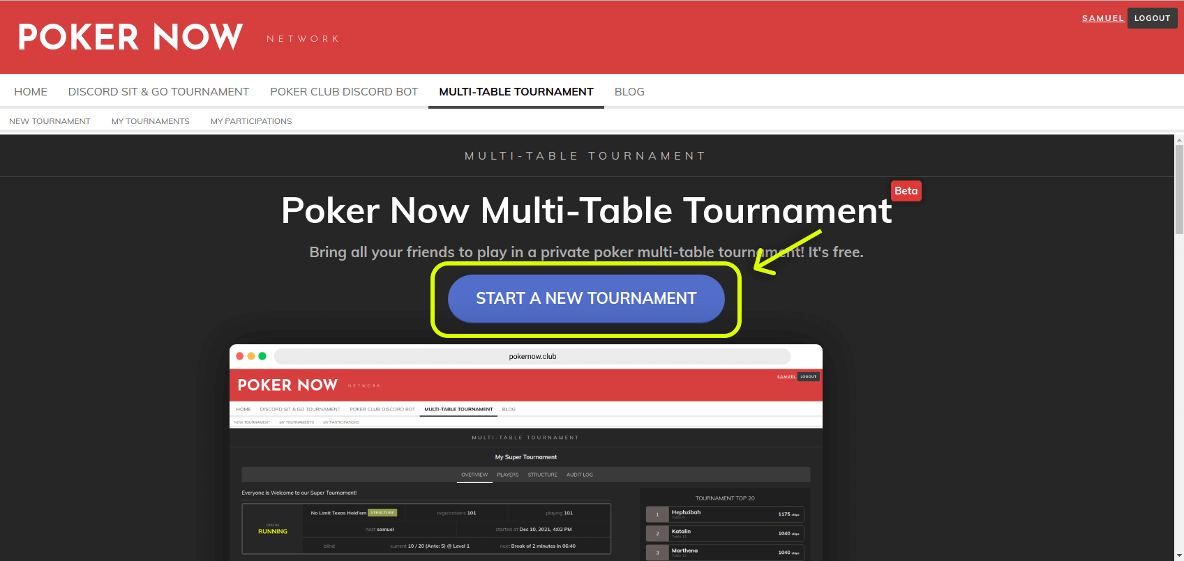 Poker Now multi-table tournament landing page