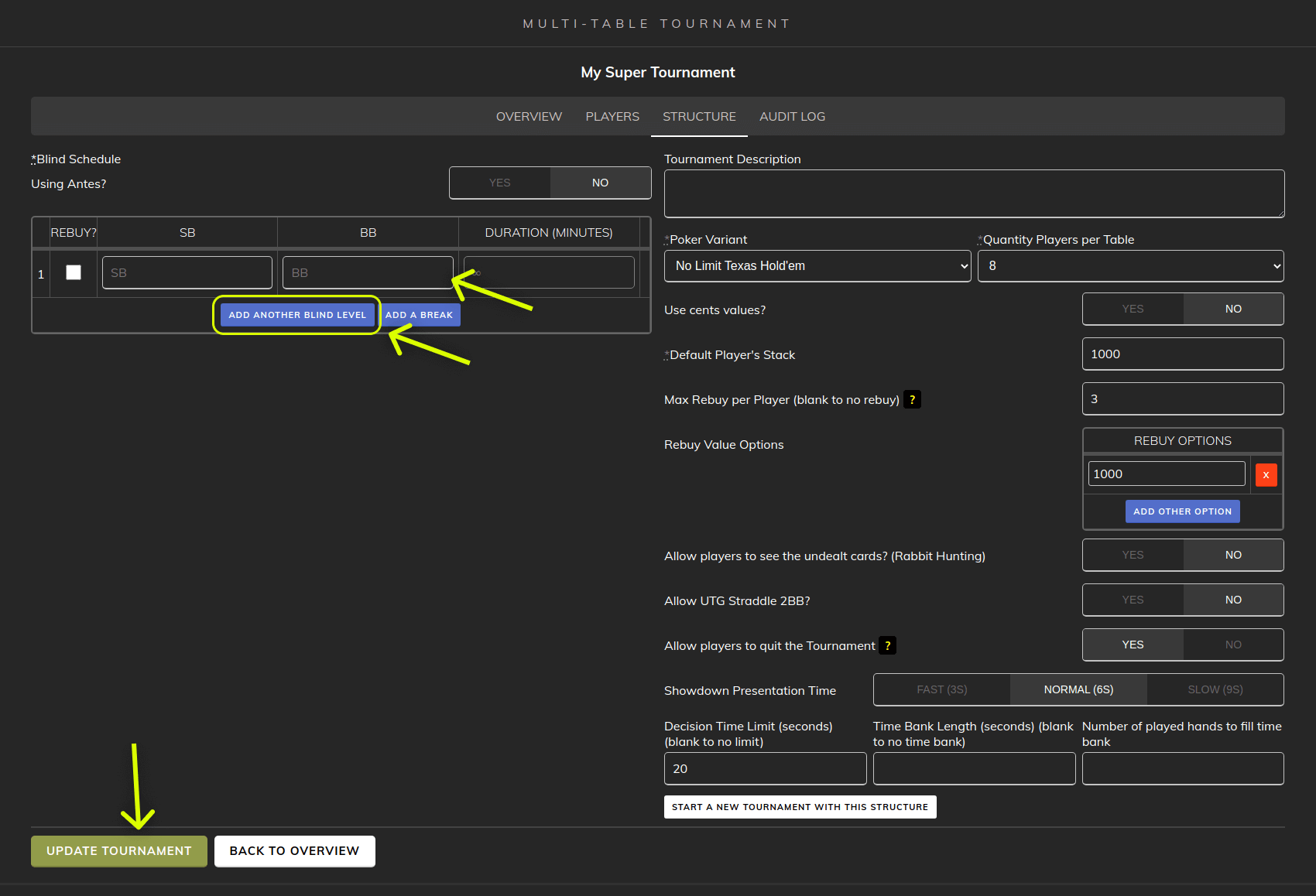 Poker Now multi-table tournament structure page