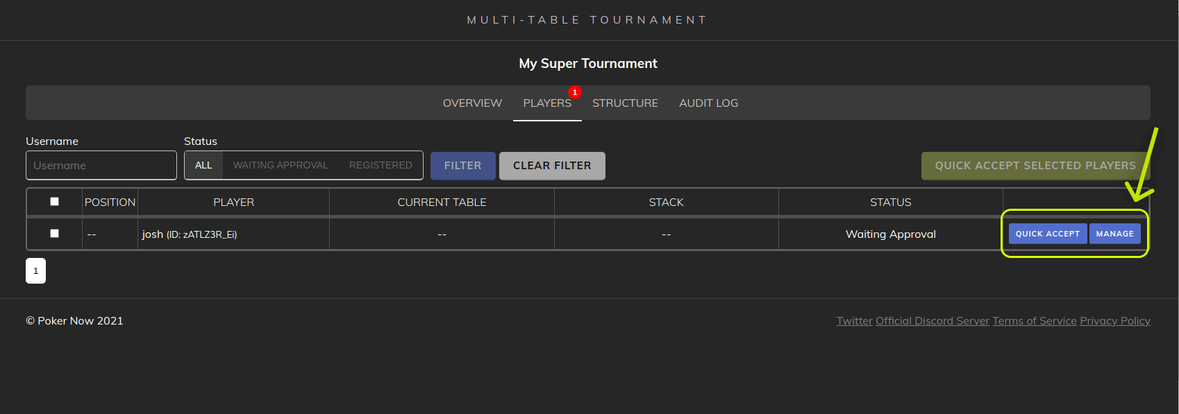 Poker Now multi-table tournament players list