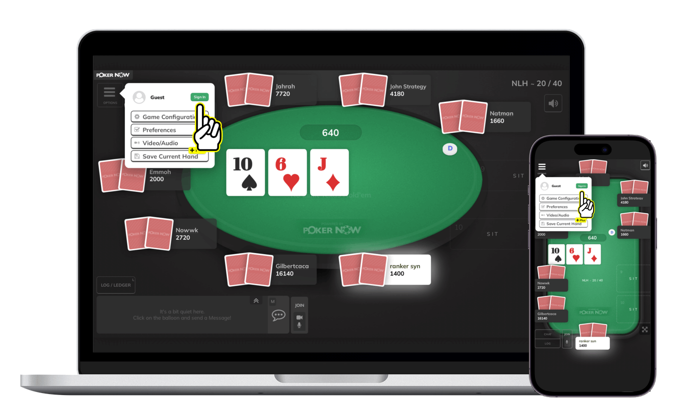 The Options menu at a Poker Now table, with a hand pointing to Sign In