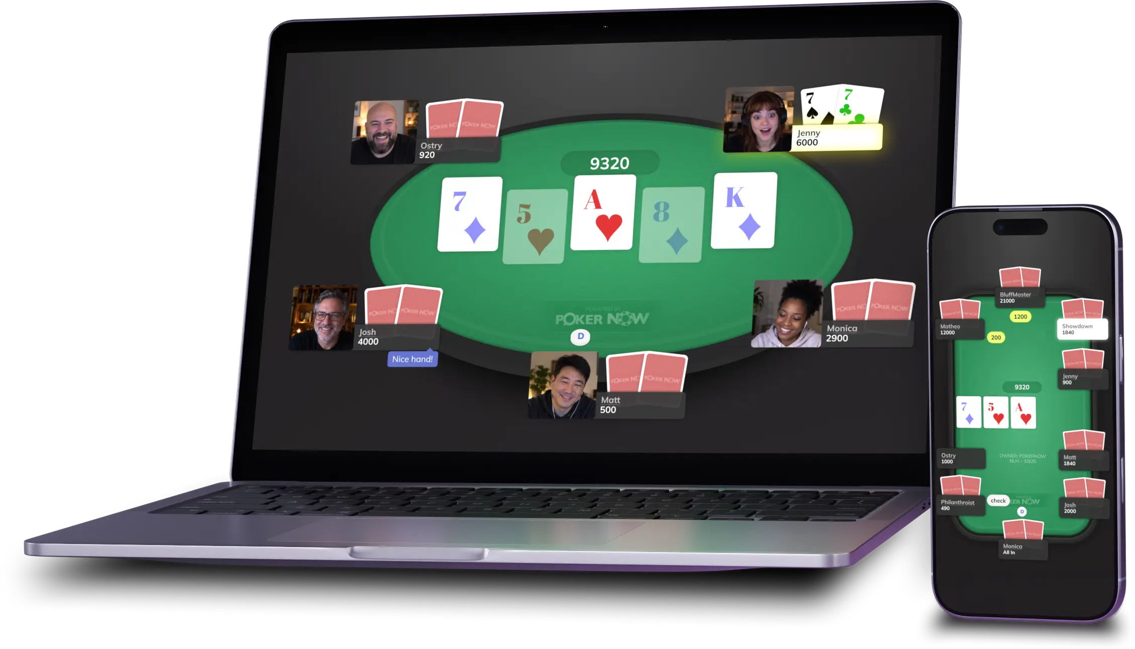 A Poker Now table on a laptop and on a phone