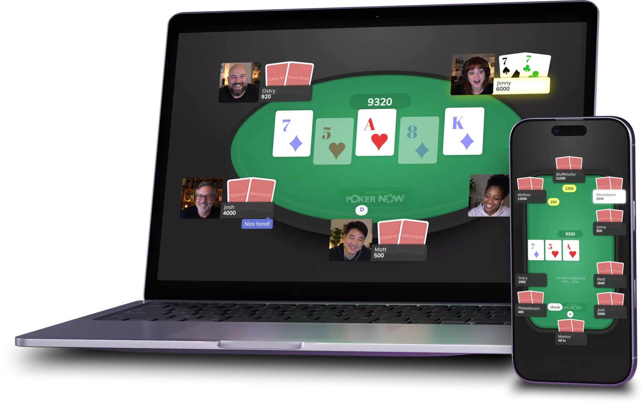 A Poker Now table on a laptop and on a phone